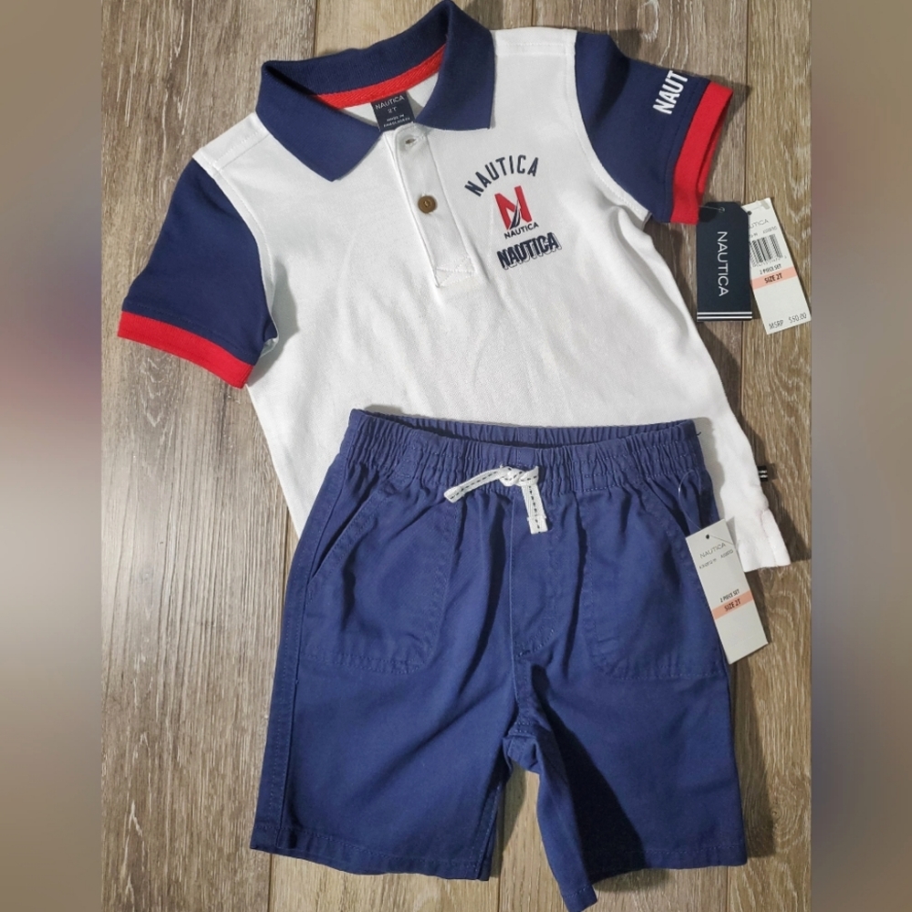 🇺🇲Nautica toddler boy's white, navy, red twill shorts and polo set Size 2T